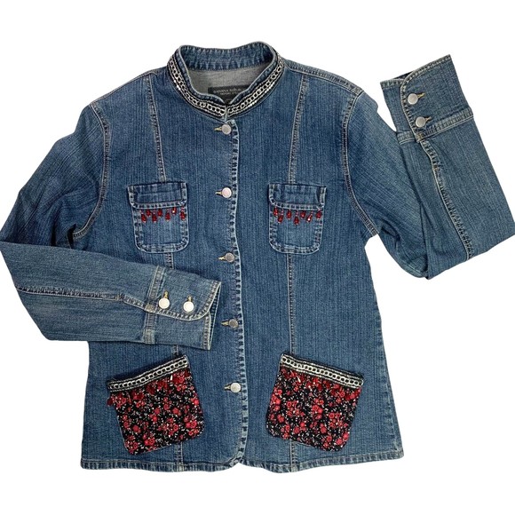 Denim Jacket Red & Black Floral w/Beaded Chain Trim Boho Banana Republic Large - Picture 4 of 14